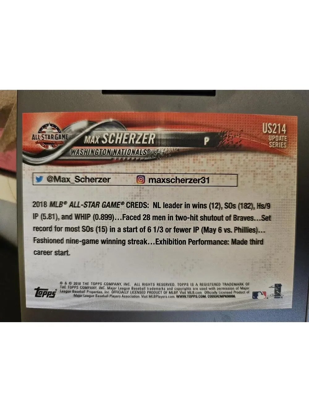 Max Scherzer 2018 Topps Update #US214 Nationals - Picture 2 of 2